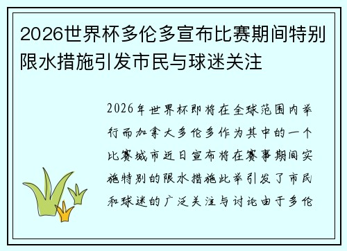 2026世界杯多伦多宣布比赛期间特别限水措施引发市民与球迷关注